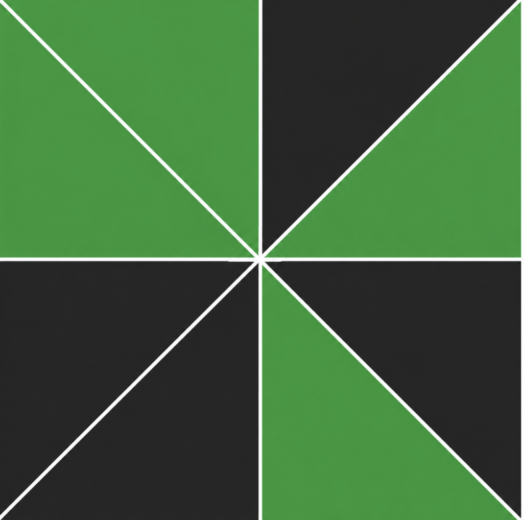 Quadrat mit diagonalen Linien und abwechselnd grünen und weißen Dreiecken.